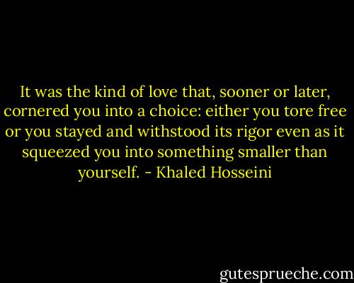It was the kind of love that, sooner or later, cornered you into a choice: either you tore free or you stayed and withstood its rigor even as it squeezed you into something smaller than yourself. - Khaled Hosseini
