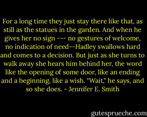 For a long time they just stay there like that, as still as the statues in the garden. And when he gives her no sign --- no gestures of welcome, no indication of need--Hadley swallows hard and comes to a decision. But just as she turns to walk away she hears him behind her, the word like the opening of some door, like an ending and a beginning, like a wish. "Wait," he says, and so she does. - Jennifer E. Smith