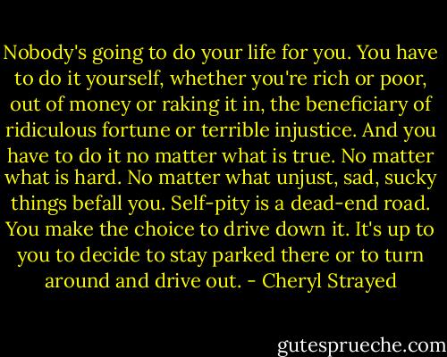 Nobody's going to do your life for you. You have to do it yourself, whether you're rich or poor, out of money or raking it in, the beneficiary of ridiculous fortune or terrible injustice. And you have to do it no matter what is true. No matter what is hard. No matter what unjust, sad, sucky things befall you. Self-pity is a dead-end road. You make the choice to drive down it. It's up to you to decide to stay parked there or to turn around and drive out. - Cheryl Strayed