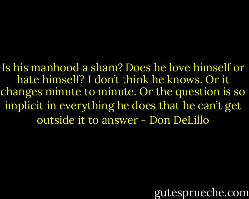 Is his manhood a sham? Does he love himself or hate himself? I don’t think he knows. Or it changes minute to minute. Or the question is so implicit in everything he does that he can’t get outside it to answer - Don DeLillo