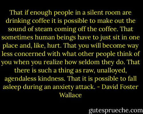 That if enough people in a silent room are drinking coffee it is possible to make out the sound of steam coming off the coffee. That sometimes human beings have to just sit in one place and, like, hurt. That you will become way less concerned with what other people think of you when you realize how seldom they do. That there is such a thing as raw, unalloyed, agendaless kindness. That it is possible to fall asleep during an anxiety attack. - David Foster Wallace