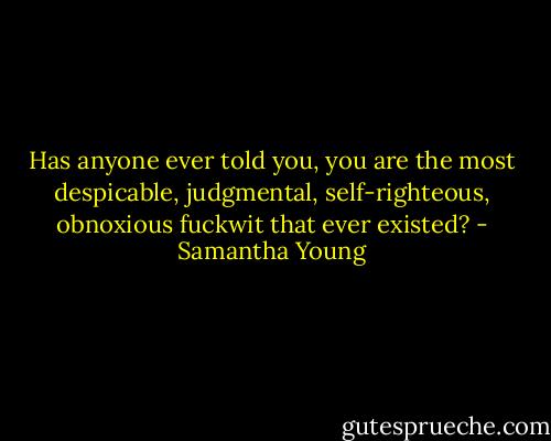 Has anyone ever told you, you are the most despicable, judgmental, self-righteous, obnoxious fuckwit that ever existed? - Samantha Young