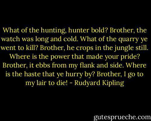 What of the hunting, hunter bold?<br />Brother, the watch was long and cold.<br />What of the quarry ye went to kill?<br />Brother, he crops in the jungle still.<br />Where is the power that made your pride?<br />Brother, it ebbs from my flank and side.<br />Where is the haste that ye hurry by?<br />Brother, I go to my lair to die! - Rudyard Kipling