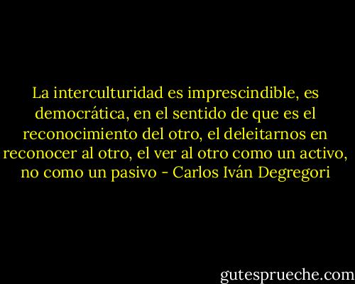 La interculturidad es imprescindible, es democrática, en el sentido de que es el reconocimiento del otro, el deleitarnos en reconocer al otro, el ver al otro como un activo, no como un pasivo - Carlos Iván Degregori