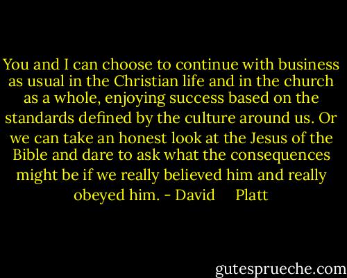 You and I can choose to continue with business as usual in the Christian life and in the church as a whole, enjoying success based on the standards defined by the culture around us. Or we can take an honest look at the Jesus of the Bible and dare to ask what the consequences might be if we really believed him and really obeyed him. - David     Platt