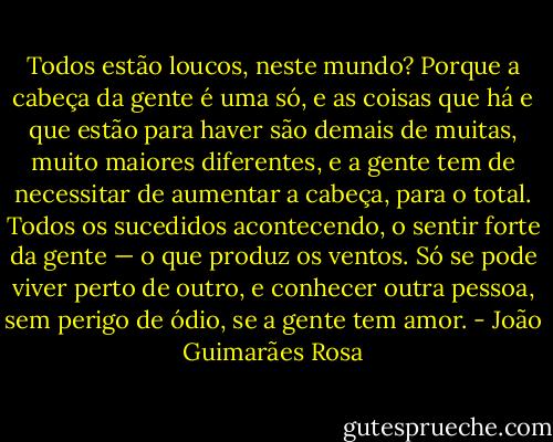 Todos estão loucos, neste mundo? Porque a cabeça da gente é uma só, e as coisas que há e que estão para haver são demais de muitas, muito maiores diferentes, e a gente tem de necessitar de aumentar a cabeça, para o total. Todos os sucedidos acontecendo, o sentir forte da gente — o que produz os ventos. Só se pode viver perto de outro, e conhecer outra pessoa, sem perigo de ódio, se a gente tem amor. - João Guimarães Rosa