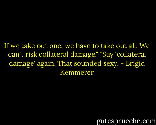 If we take out one, we have to take out all. We can't risk collateral damage."<br />"Say 'collateral damage' again. That sounded sexy. - Brigid Kemmerer