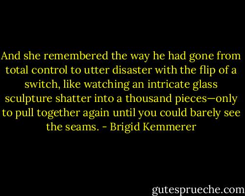 And she remembered the way he had gone from total control to utter disaster with the flip of a switch, like watching an intricate glass sculpture shatter into a thousand pieces—only to pull together again until you could barely see the seams. - Brigid Kemmerer