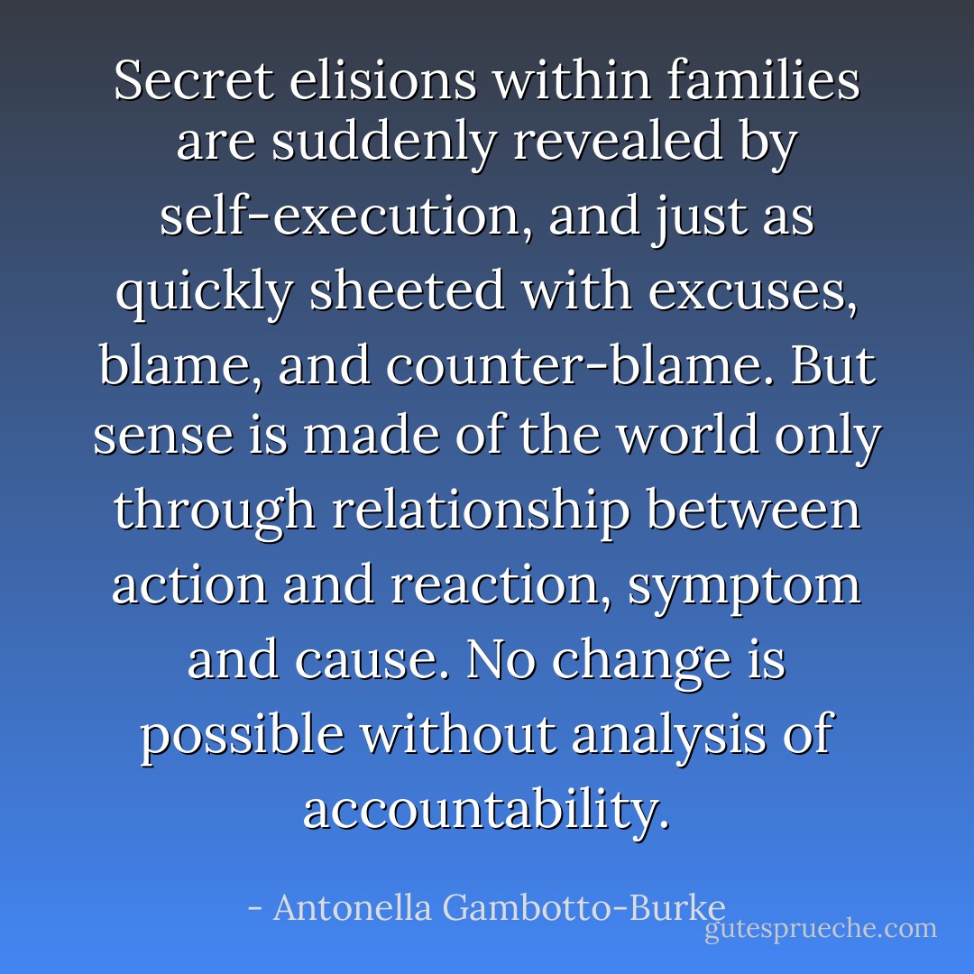 Secret elisions within families are suddenly revealed by self-execution, and just as quickly sheeted with excuses, blame, and counter-blame. But sense is made of the world only through relationship between action and reaction, symptom and cause. No change is possible without analysis of accountability. - Antonella Gambotto-Burke