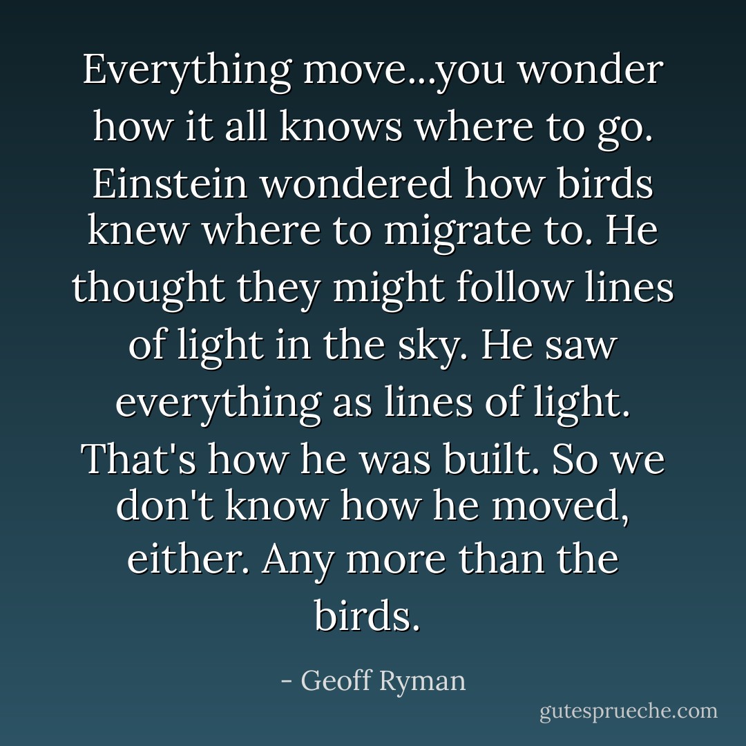Everything move...you wonder how it all knows where to go. Einstein wondered how birds knew where to migrate to. He thought they might follow lines of light in the sky. He saw everything as lines of light. That's how he was built. So we don't know how he moved, either. Any more than the birds.  - Geoff Ryman