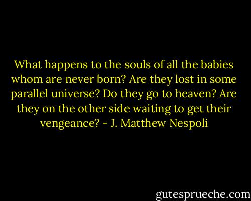 What happens to the souls of all the babies whom are never born? Are they lost in some parallel universe? Do they go to heaven? Are they on the other side waiting to get their vengeance? - J. Matthew Nespoli