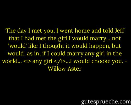 The day I met you, I went home and told Jeff that I had met the girl I would marry... not 'would' like I thought it would happen, but would, as in, if I could marry any girl in the world... <i> any girl </i>...I would choose you. - Willow Aster