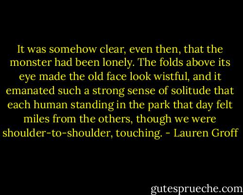 It was somehow clear, even then, that the monster had been lonely. The folds above its eye made the old face look wistful, and it emanated such a strong sense of solitude that each human standing in the park that day felt miles from the others, though we were shoulder-to-shoulder, touching. - Lauren Groff
