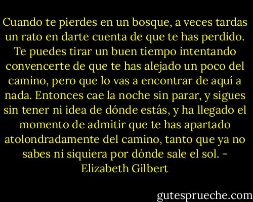 Cuando te pierdes en un bosque, a veces tardas un rato en darte cuenta de que te has perdido. Te puedes tirar un buen tiempo intentando convencerte de que te has alejado un poco del camino, pero que lo vas a encontrar de aquí a nada. Entonces cae la noche sin parar, y sigues sin tener ni idea de dónde estás, y ha llegado el momento de admitir que te has apartado atolondradamente del camino, tanto que ya no sabes ni siquiera por dónde sale el sol. - Elizabeth Gilbert