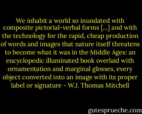 We inhabit a world so inundated with composite pictorial-verbal forms [...] and with the technology for the rapid, cheap production of words and images that nature itself threatens to become what it was in the Middle Ages: an encyclopedic illuminated book overlaid with ornamentation and marginal glosses, every object converted into an image with its proper label or signature - W.J. Thomas Mitchell