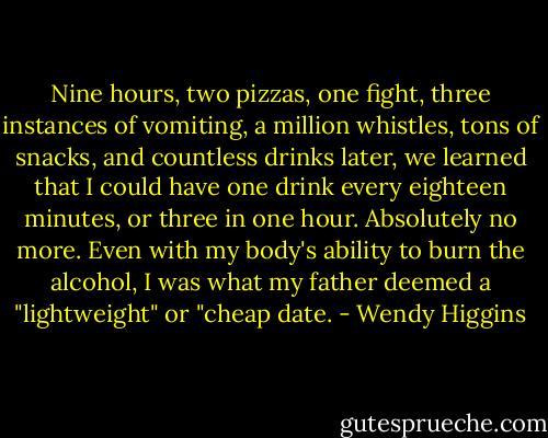 Nine hours, two pizzas, one fight, three instances of vomiting, a million whistles, tons of snacks, and countless drinks later, we learned that I could have one drink every eighteen minutes, or three in one hour. Absolutely no more. Even with my body's ability to burn the alcohol, I was what my father deemed a "lightweight" or "cheap date. - Wendy Higgins