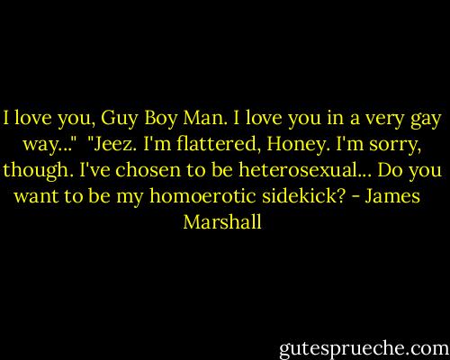 I love you, Guy Boy Man. I love you in a very gay way..."<br /><br />"Jeez. I'm flattered, Honey. I'm sorry, though. I've chosen to be heterosexual... Do you want to be my homoerotic sidekick? - James   Marshall