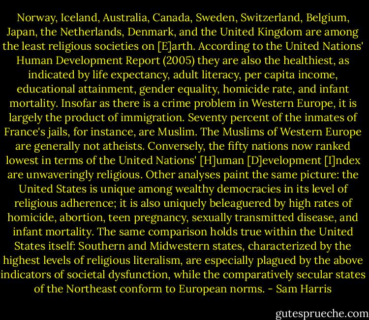 Norway, Iceland, Australia, Canada, Sweden, Switzerland, Belgium, Japan, the Netherlands, Denmark, and the United Kingdom are among the least religious societies on [E]arth. According to the United Nations' Human Development Report (2005) they are also the healthiest, as indicated by life expectancy, adult literacy, per capita income, educational attainment, gender equality, homicide rate, and infant mortality. Insofar as there is a crime problem in Western Europe, it is largely the product of immigration. Seventy percent of the inmates of France's jails, for instance, are Muslim. The Muslims of Western Europe are generally not atheists. Conversely, the fifty nations now ranked lowest in terms of the United Nations' [H]uman [D]evelopment [I]ndex are unwaveringly religious.<br />Other analyses paint the same picture: the United States is unique among wealthy democracies in its level of religious adherence; it is also uniquely beleaguered by high rates of homicide, abortion, teen pregnancy, sexually transmitted disease, and infant mortality. The same comparison holds true within the United States itself: Southern and Midwestern states, characterized by the highest levels of religious literalism, are especially plagued by the above indicators of societal dysfunction, while the comparatively secular states of the Northeast conform to European norms. - Sam Harris