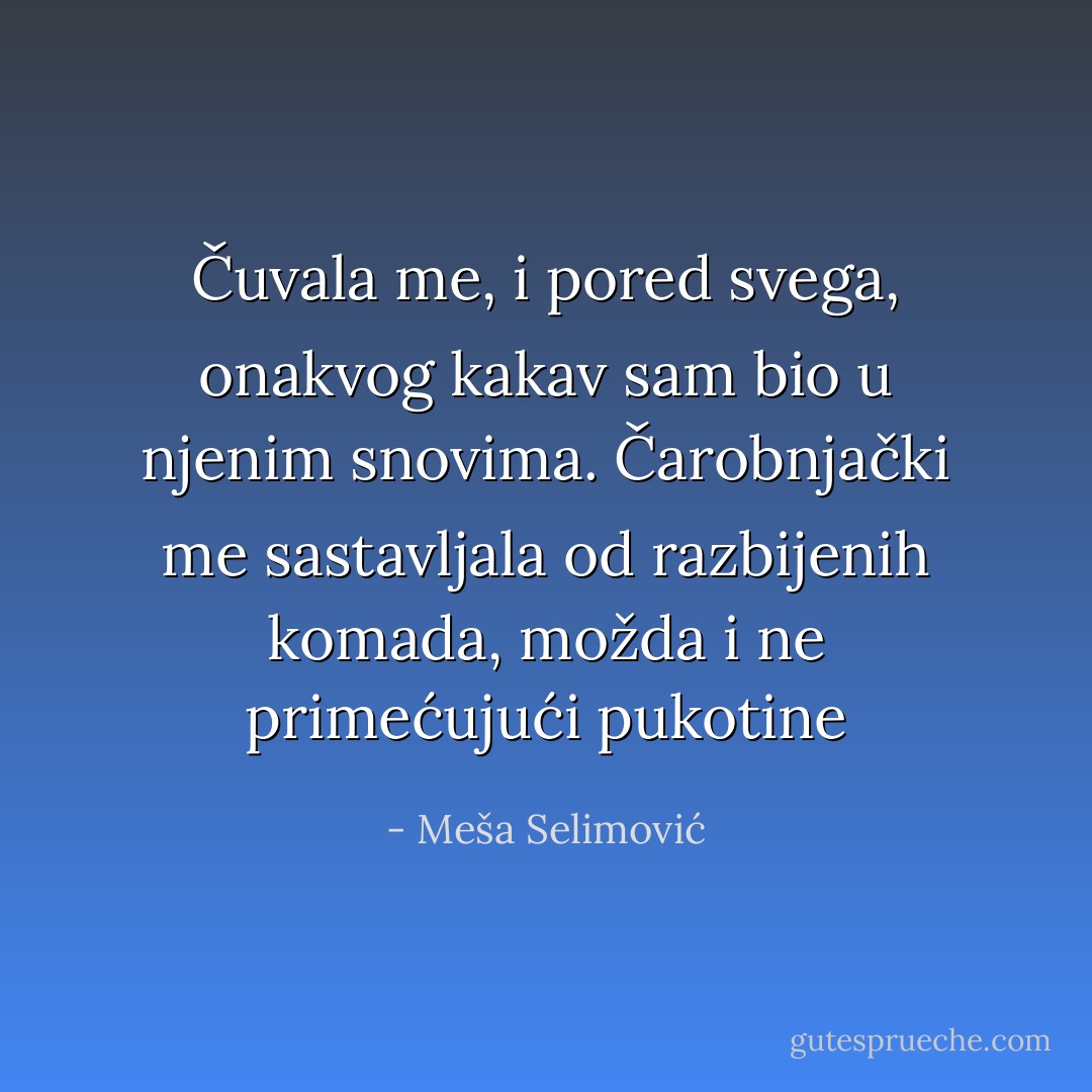 Čuvala me, i pored svega, onakvog kakav sam bio u njenim snovima. Čarobnjački me sastavljala od razbijenih komada, možda i ne primećujući pukotine - Meša Selimović