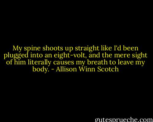 My spine shoots up straight like I'd been plugged into an eight-volt, and the mere sight of him literally causes my breath to leave my body. - Allison Winn Scotch