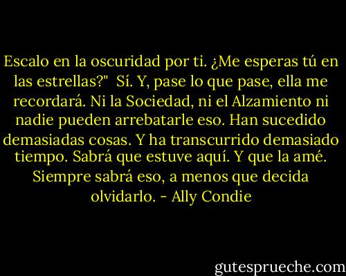 Escalo en la oscuridad por ti.<br />¿Me esperas tú en las estrellas?"<br /><br />Sí.<br />Y, pase lo que pase, ella me recordará. Ni la Sociedad, ni el Alzamiento ni nadie pueden arrebatarle eso. Han sucedido demasiadas cosas. Y ha transcurrido demasiado tiempo.<br />Sabrá que estuve aquí. Y que la amé.<br />Siempre sabrá eso, a menos que decida olvidarlo. - Ally Condie