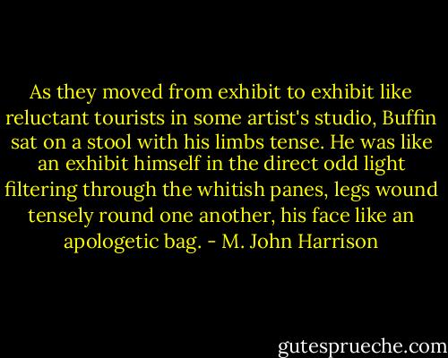 As they moved from exhibit to exhibit like reluctant tourists in some artist's studio, Buffin sat on a stool with his limbs tense. He was like an exhibit himself in the direct odd light filtering through the whitish panes, legs wound tensely round one another, his face like an apologetic bag. - M. John Harrison