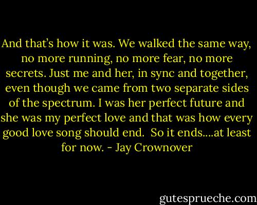 And that’s how it was. We walked the same way, no more running, no more fear, no more secrets. Just me and her, in sync and together, even though we came from two separate sides of the spectrum. I was her perfect future and she was my perfect love and that was how every good love song should end.<br /><br />So it ends....at least for now. - Jay Crownover