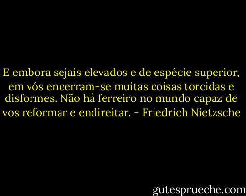E embora sejais elevados e de espécie superior, em vós encerram-se muitas coisas torcidas e disformes. Não há ferreiro no mundo capaz de vos reformar e endireitar. - Friedrich Nietzsche