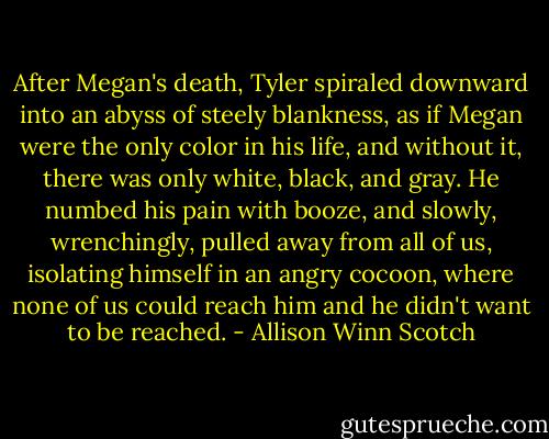 After Megan's death, Tyler spiraled downward into an abyss of steely blankness, as if Megan were the only color in his life, and without it, there was only white, black, and gray. He numbed his pain with booze, and slowly, wrenchingly, pulled away from all of us, isolating himself in an angry cocoon, where none of us could reach him and he didn't want to be reached. - Allison Winn Scotch