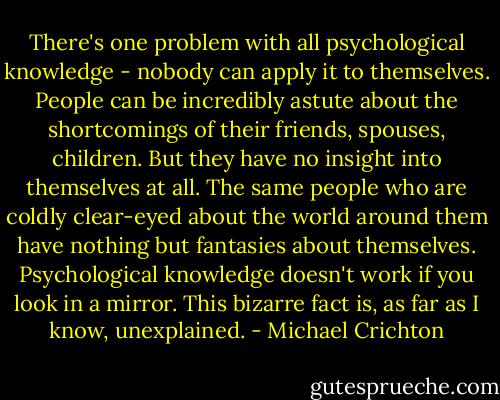 There's one problem with all psychological knowledge - nobody can apply it to themselves. People can be incredibly astute about the shortcomings of their friends, spouses, children. But they have no insight into themselves at all. The same people who are coldly clear-eyed about the world around them have nothing but fantasies about themselves. Psychological knowledge doesn't work if you look in a mirror. This bizarre fact is, as far as I know, unexplained. - Michael Crichton