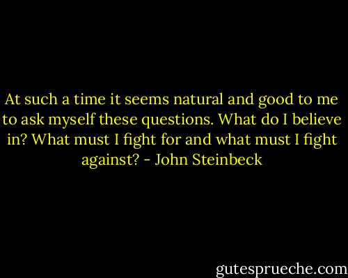 At such a time it seems natural and good to me to ask myself these questions. What do I believe in? What must I fight for and what must I fight against? - John Steinbeck