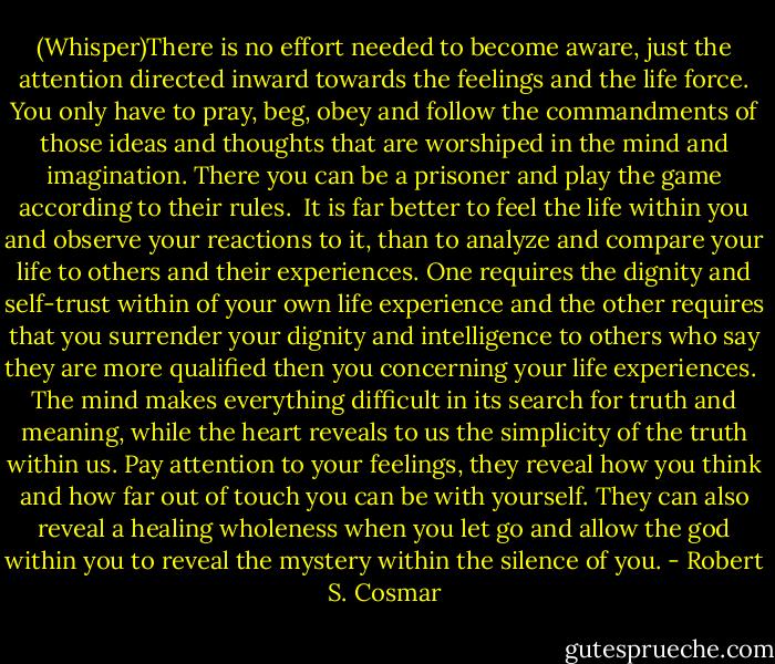 (Whisper)There is no effort needed to become aware, just the attention directed inward towards the feelings and the life force. You only have to pray, beg, obey and follow the commandments of those ideas and thoughts that are worshiped in the mind and imagination. There you can be a prisoner and play the game according to their rules.<br /><br />It is far better to feel the life within you and observe your reactions to it, than to analyze and compare your life to others and their experiences. One requires the dignity and self-trust within of your own life experience and the other requires that you surrender your dignity and intelligence to others who say they are more qualified then you concerning your life experiences.<br /><br />The mind makes everything difficult in its search for truth and meaning, while the heart reveals to us the simplicity of the truth within us. Pay attention to your feelings, they reveal how you think and how far out of touch you can be with yourself. They can also reveal a healing wholeness when you let go and allow the god within you to reveal the mystery within the silence of you. - Robert S. Cosmar