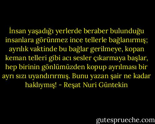 İnsan yaşadığı yerlerde beraber bulunduğu insanlara görünmez ince tellerle bağlanırmış; ayrılık vaktinde bu bağlar gerilmeye, kopan keman telleri gibi acı sesler çıkarmaya başlar, hep birinin gönlümüzden kopup ayrılması bir ayrı sızı uyandırırmış. Bunu yazan şair ne kadar haklıymış! - Reşat Nuri Güntekin
