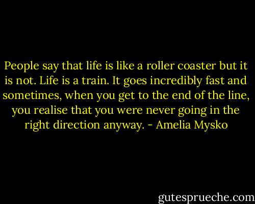People say that life is like a roller coaster but it is not. Life is a train. It goes incredibly fast and sometimes, when you get to the end of the line, you realise that you were never going in the right direction anyway. - Amelia Mysko
