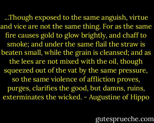 ...Though exposed to the same anguish, virtue and vice are not the same thing. For as the same fire causes gold to glow brightly, and chaff to smoke; and under the same flail the straw is beaten small, while the grain is cleansed; and as the lees are not mixed with the oil, though squeezed out of the vat by the same pressure, so the same violence of affliction proves, purges, clarifies the good, but damns, ruins, exterminates the wicked. - Augustine of Hippo
