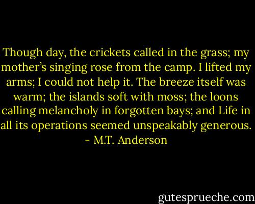 Though day, the crickets called in the grass; my mother’s singing rose from the camp. I lifted my arms; I could not help it. The breeze itself was warm; the islands soft with moss; the loons calling melancholy in forgotten bays; and Life in all its operations seemed unspeakably generous. - M.T. Anderson