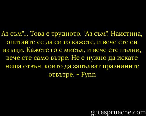 Аз съм"… Това е трудното. "Аз съм". Наистина, опитайте се да си го кажете, и вече сте си вкъщи. Кажете го с мисъл, и вече сте пълни, вече сте само вътре. Не е нужно да искате неща отвън, които да запълват празнините отвътре. - Fynn
