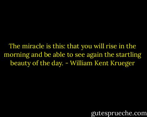 The miracle is this: that you will rise in the morning and be able to see again the startling beauty of the day. - William Kent Krueger