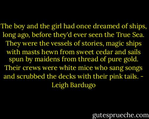 The boy and the girl had once dreamed of ships, long ago, before they'd ever seen the True Sea. They were the vessels of stories, magic ships with masts hewn from sweet cedar and sails spun by maidens from thread of pure gold. Their crews were white mice who sang songs and scrubbed the decks with their pink tails. - Leigh Bardugo