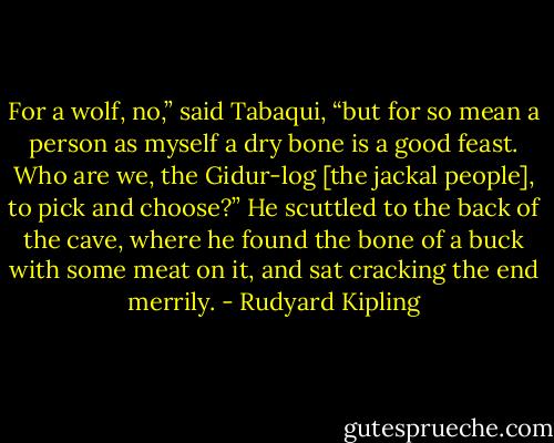 For a wolf, no,” said Tabaqui, “but for so mean a person as myself a dry bone is a good feast. Who are we, the Gidur-log [the jackal people], to pick and choose?” He scuttled to the back of the cave, where he found the bone of a buck with some meat on it, and sat cracking the end merrily. - Rudyard Kipling