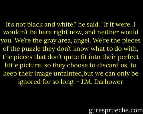 It’s not black and white," he said. "If it were, I wouldn’t be here right now, and neither would you. We’re the gray area, angel. We’re the pieces of the puzzle they don’t know what to do with, the pieces that don’t quite fit into their perfect little picture, so they choose to discard us, to keep their image untainted,but we can only be ignored for so long. - J.M. Darhower