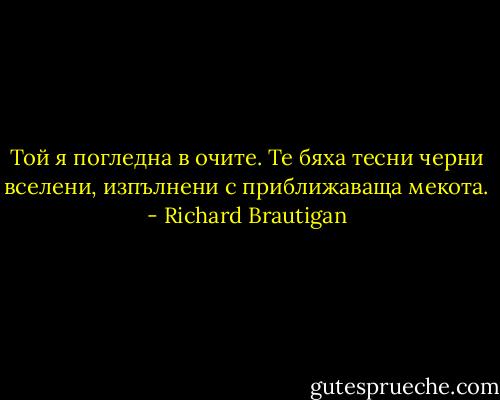 Той я погледна в очите. Те бяха тесни черни вселени, изпълнени с приближаваща мекота. - Richard Brautigan
