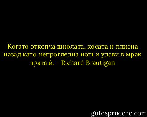 Когато откопча шнолата, косата ѝ плисна назад като непрогледна нощ и удави в мрак врата ѝ. - Richard Brautigan