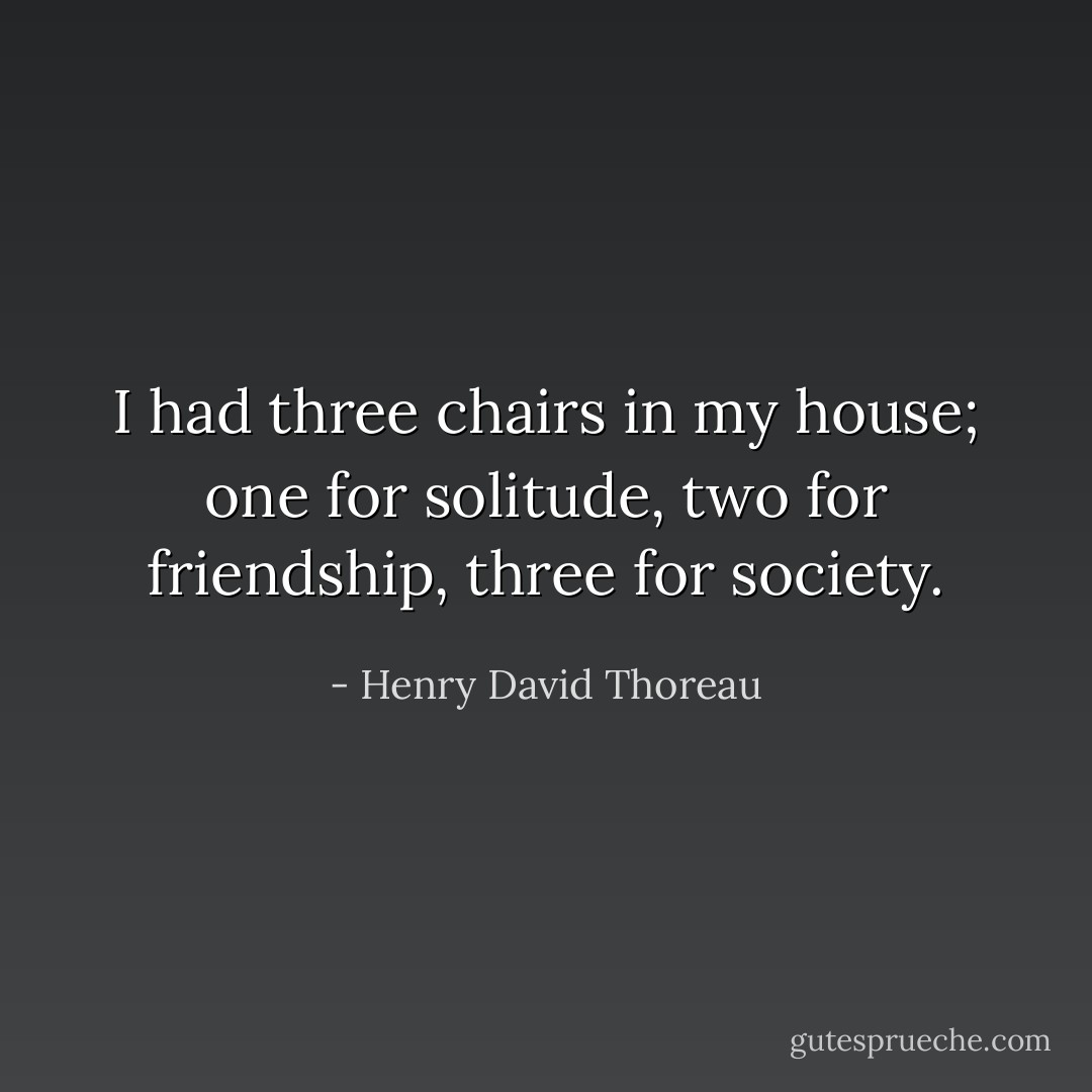 I had three chairs in my house; one for solitude, two for friendship, three for society. - Henry David Thoreau