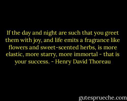 If the day and night are such that you greet them with joy, and life emits a fragrance like flowers and sweet-scented herbs, is more elastic, more starry, more immortal - that is your success. - Henry David Thoreau