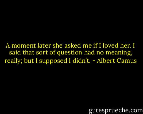 A moment later she asked me if I loved her. I said that sort of question had no meaning, really; but I supposed I didn’t. - Albert Camus