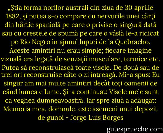 „Ştia forma norilor australi din ziua de 30 aprilie 1882, şi putea s-o compare cu nervurile unei cărţi din hârtie spaniolă pe care o privise o singură dată sau cu crestele de spumă pe care o vâslă le-a ridicat pe Rio Negro în ajunul luptei de la Quebracho. Aceste amintiri nu erau simple; fiecare imagine vizuală era legată de senzaţii musculare, termice etc. Putea să reconstruiască toate visele. De două sau de trei ori reconstruise câte o zi întreagă. Mi-a spus: Eu singur am mai multe amintiri decât toţi oamenii de când lumea e lume. Şi-a continuat: Visele mele sunt ca veghea dumneavoastră. Iar spre ziuă a adăugat: Memoria mea, domnule, este asemeni unui depozit de gunoi - Jorge Luis Borges