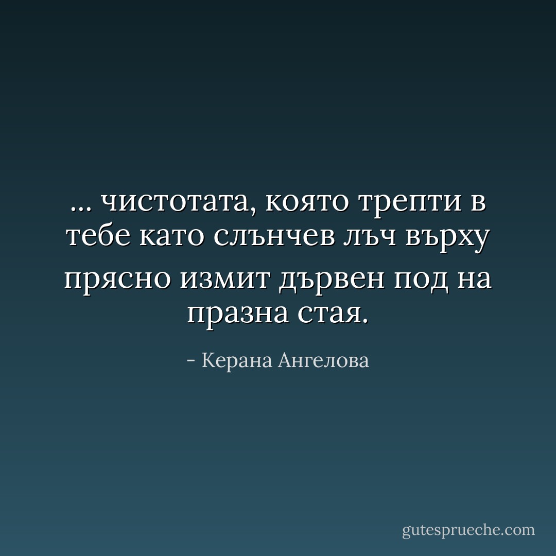 ... чистотата, която трепти в тебе като слънчев лъч върху прясно измит дървен под на празна стая. - Керана Ангелова