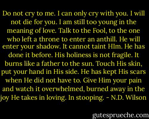 Do not cry to me. I can only cry with you. I will not die for you. I am still too young in the meaning of love. Talk to the Fool, to the one who left a throne to enter an anthill. He will enter your shadow. It cannot taint HIm. He has done it before. His holiness is not fragile. It burns like a father to the sun. Touch His skin, put your hand in His side. He has kept His scars when He did not have to. Give Him your pain and watch it overwhelmed, burned away in the joy He takes in loving. In stooping. - N.D. Wilson