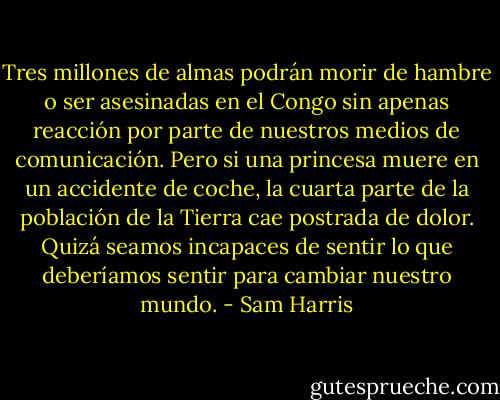 Tres millones de almas podrán morir de hambre o ser asesinadas en el Congo sin apenas reacción por parte de nuestros medios de comunicación. Pero si una princesa muere en un accidente de coche, la cuarta parte de la población de la Tierra cae postrada de dolor. Quizá seamos incapaces de sentir lo que deberíamos sentir para cambiar nuestro mundo. - Sam Harris